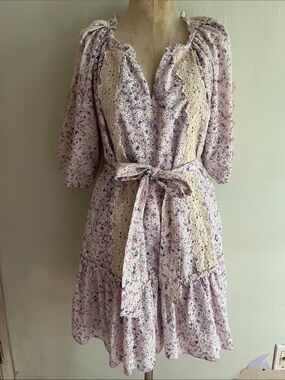 Just Me Lavender Floral Midi Dress with Cream Lace & Waist Tie